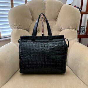 VTG Auth DONNA ELISSA Italy Genuine Crocodile Black Perforated Satchel Tote Bag